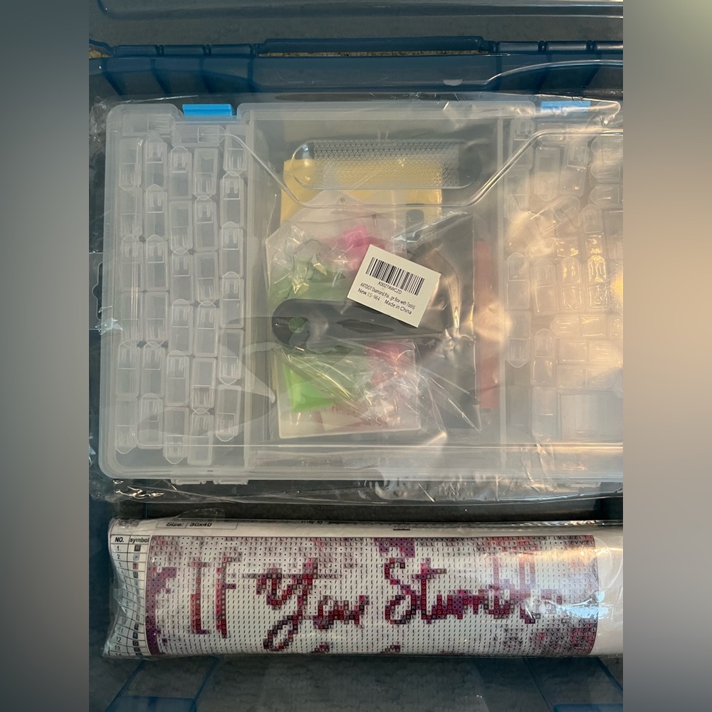 Diamond Painting, Tools and storage, NIB, + one of the”painting” with gems.
